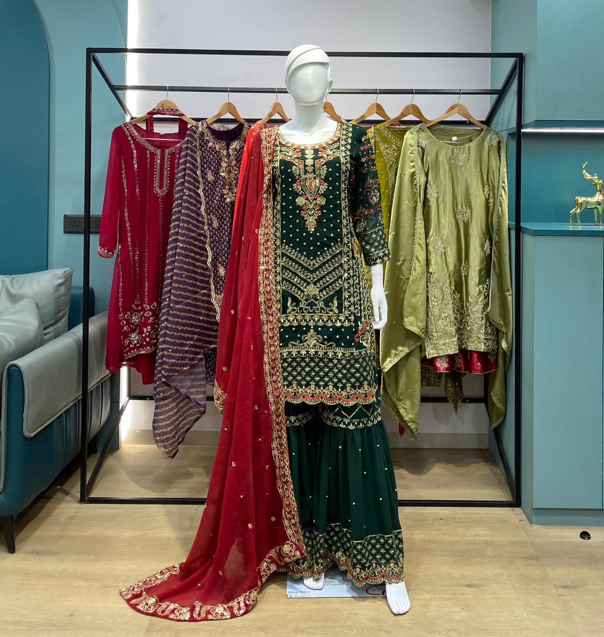 Embroidered Velvet Sharara Suit – Emerald Green with Red Dupatta