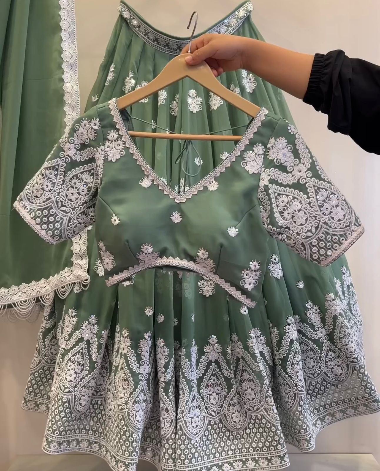 Pastel Sage Green Embroidered Lehenga Set