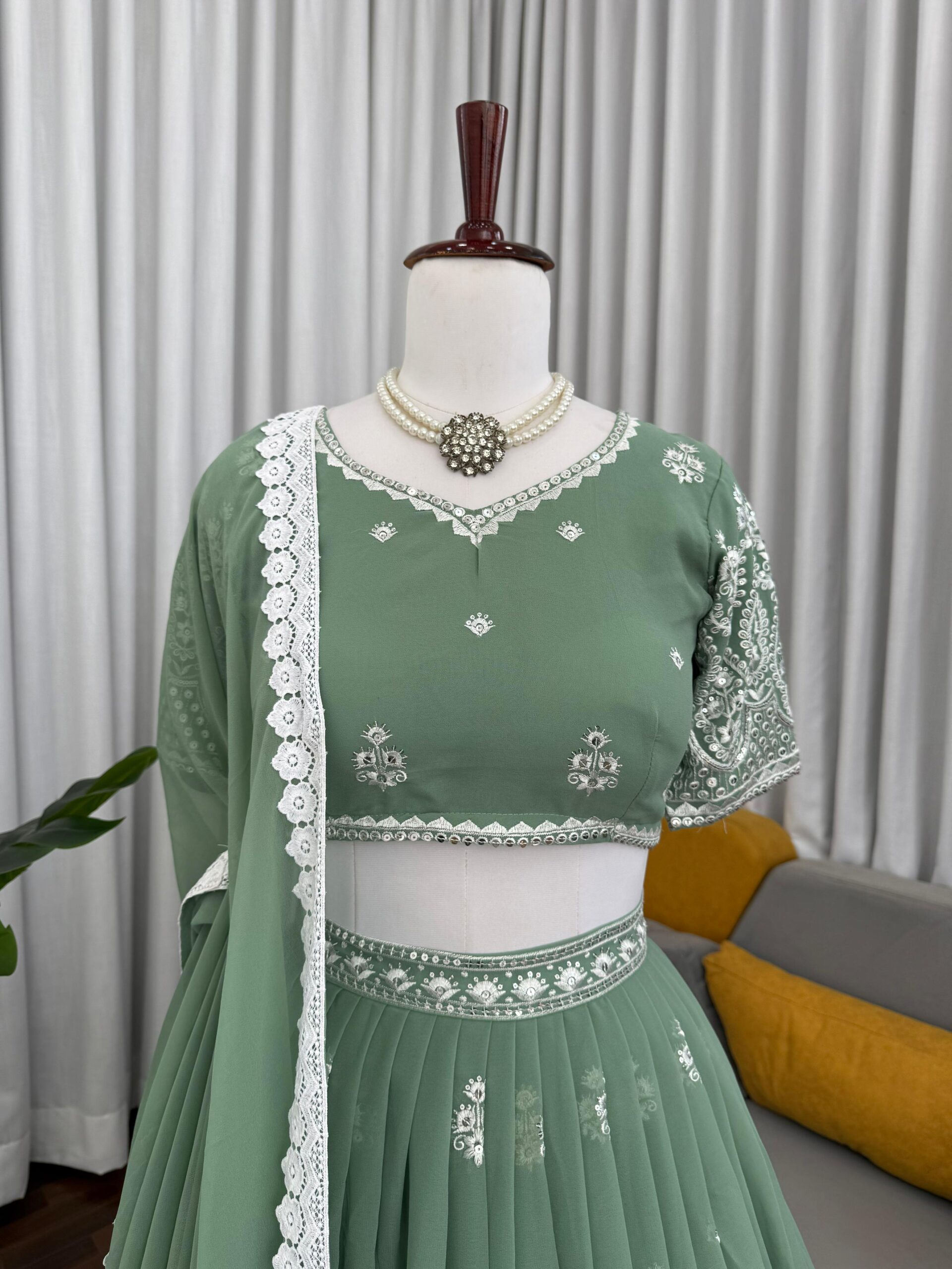 Pastel Sage Green Embroidered Lehenga Set