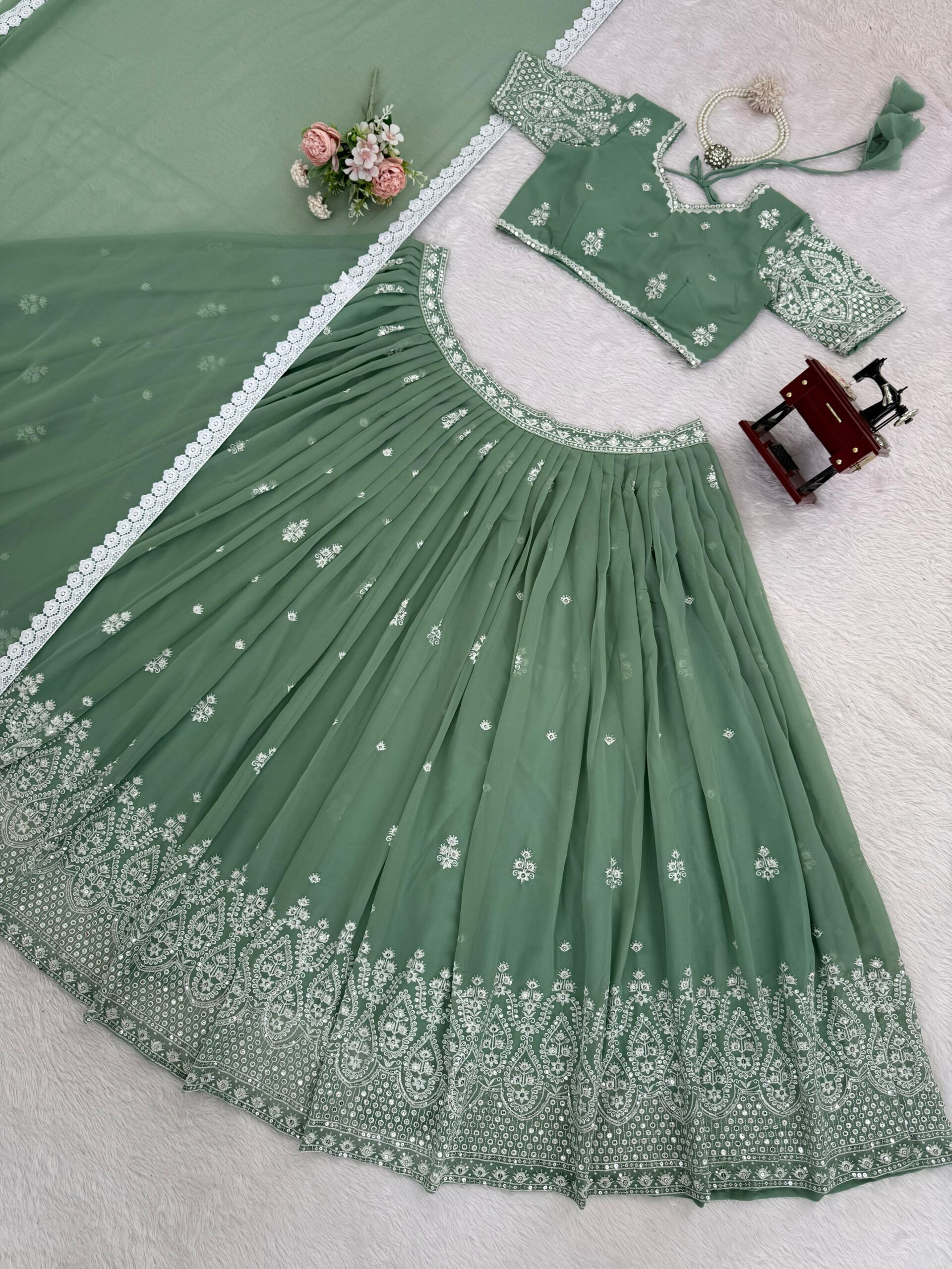 Pastel Sage Green Embroidered Lehenga Set