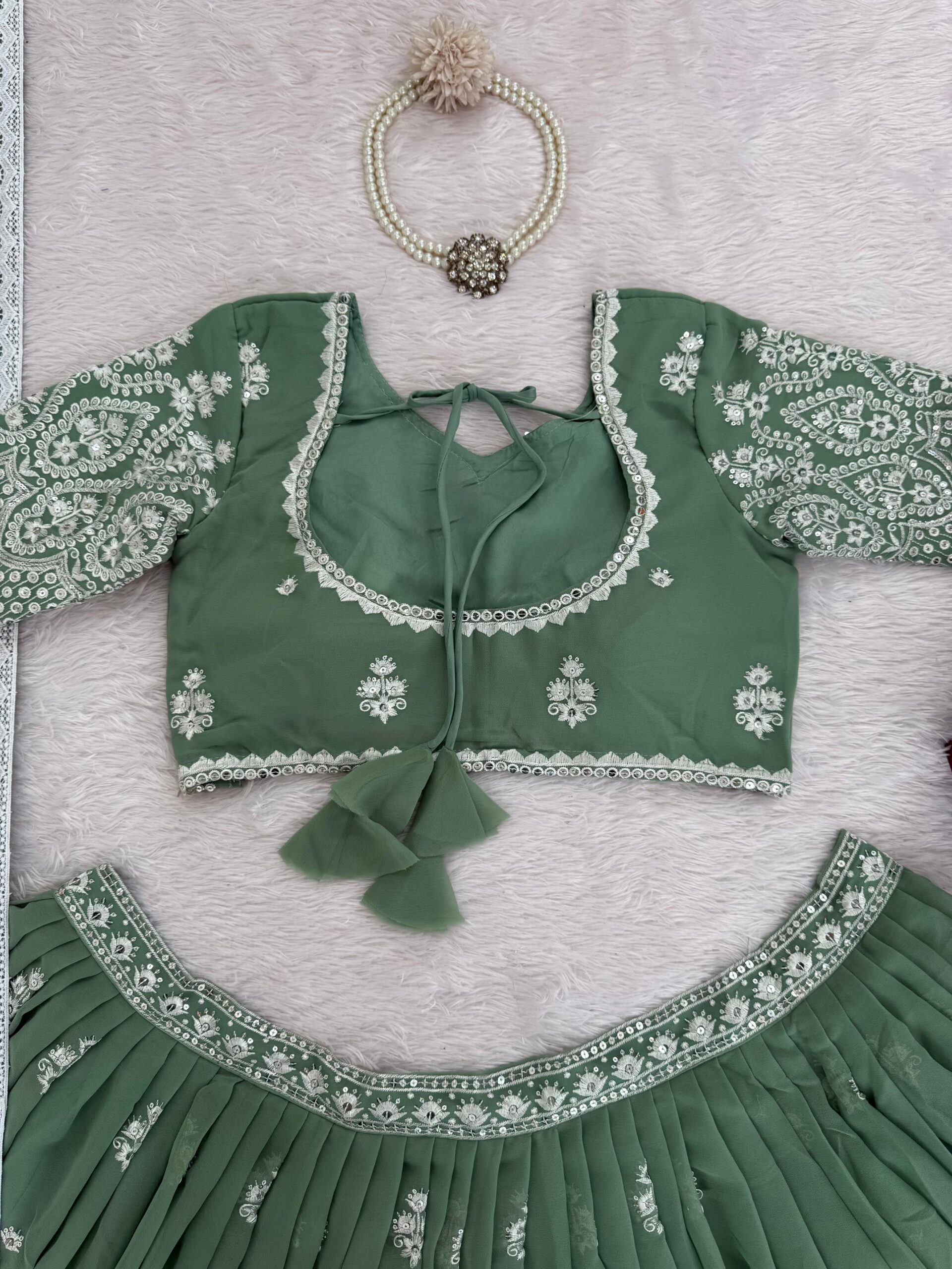 Pastel Sage Green Embroidered Lehenga Set