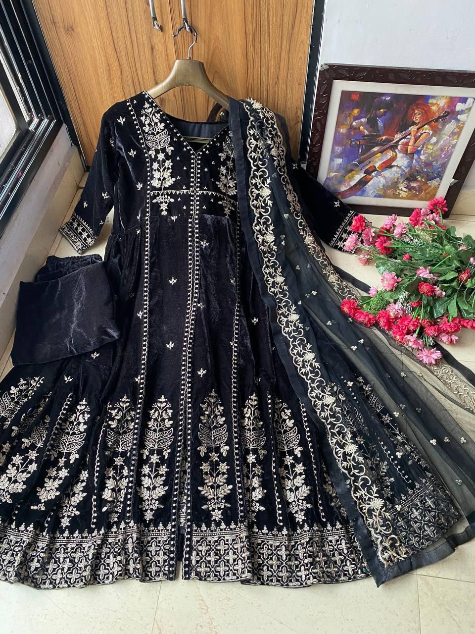 Premium Black Velvet Hand-Embroidered Long Dress