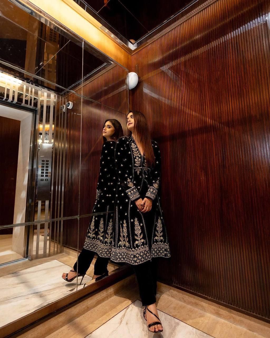 Premium Black Velvet Hand-Embroidered Long Dress