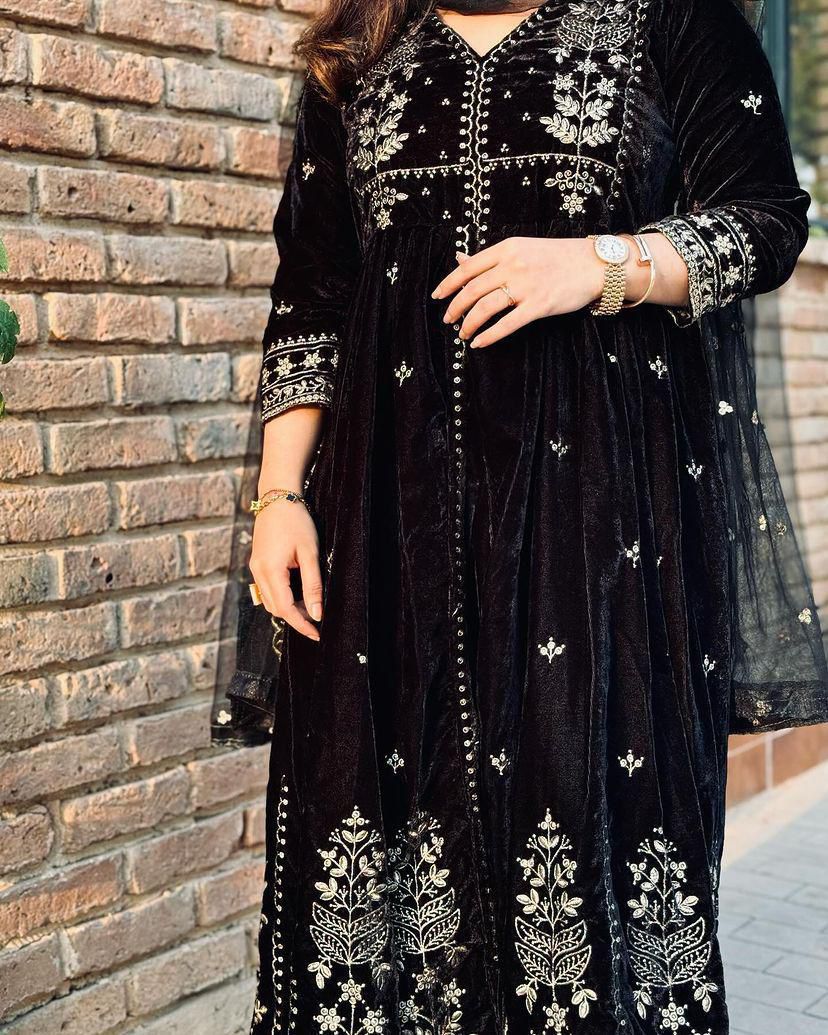 Premium Black Velvet Hand-Embroidered Long Dress
