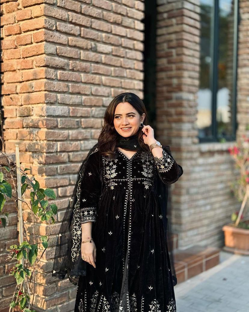 Premium Black Velvet Hand-Embroidered Long Dress